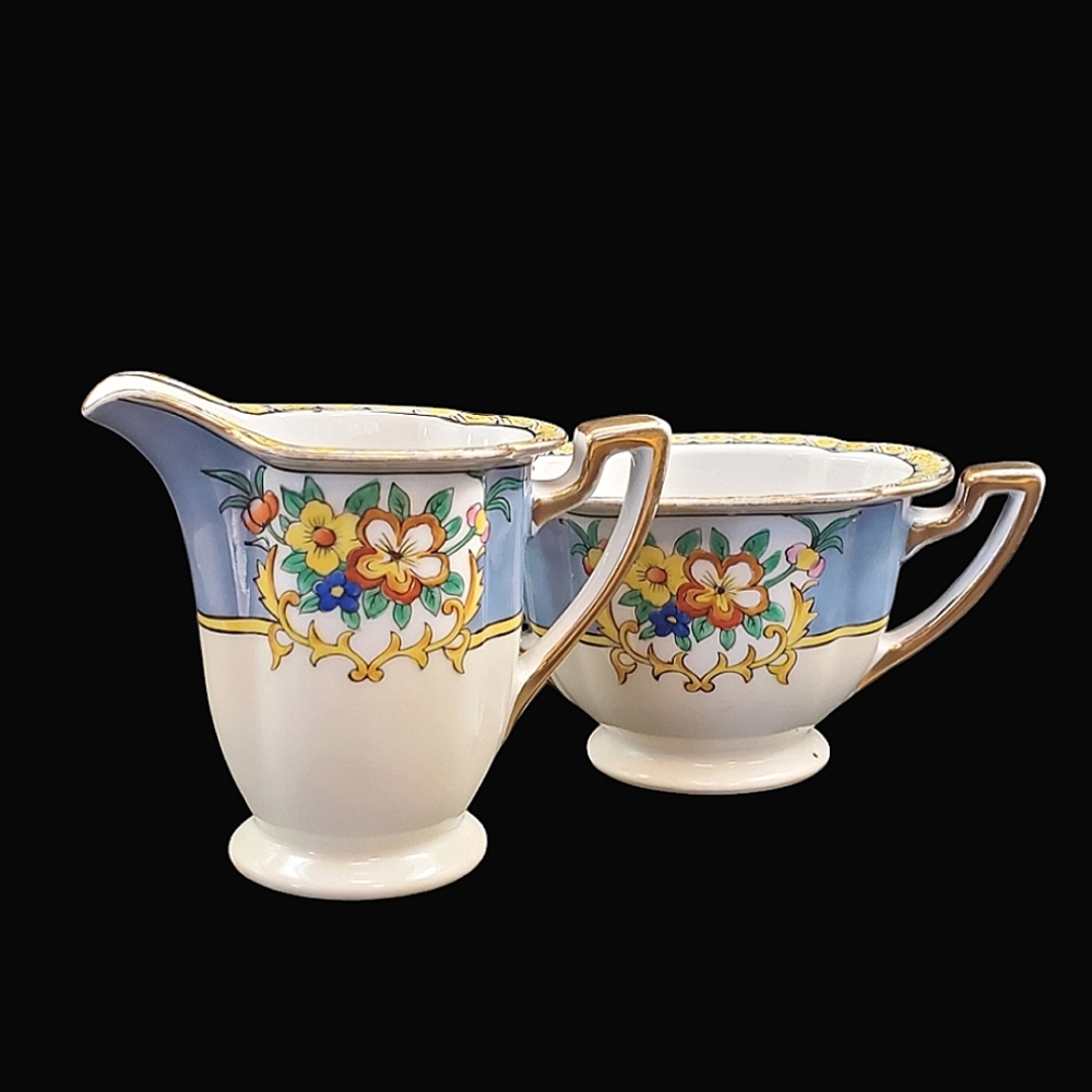 Vintage Noritake Floral Blue & Gold Creamer & Sugar Set Original Made in Japan